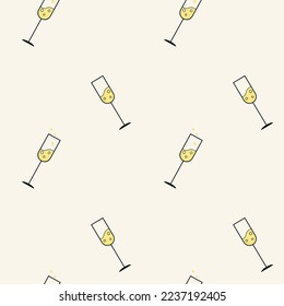 Champagne glass, seamless pattern, vector. Glasses with champagne on a yellow background.