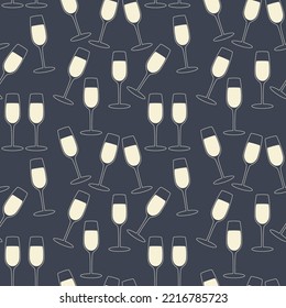 Patrón vectorial sin fisuras de vidrio de champán. Fondo de ilustración dibujado a mano. Papel tapiz, decoración festiva, tela, impresión, papel envolvente o diseño de paquetes.