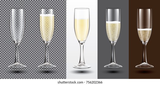 Champagne Glass Set on Different Backgrounds. Transparent. Vector Illustration.