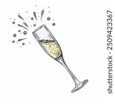Champagne Glass with Splashes, Hand-Drawn Vector, Graphic Style, Cartoon Illustration, Black and White, Sketch Style, Isolated on White Background