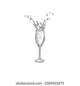 Champagne Glass with Splashes, Hand-Drawn Vector, Graphic Style, Cartoon Illustration, Black and White, Sketch Style, Isolated on White Background