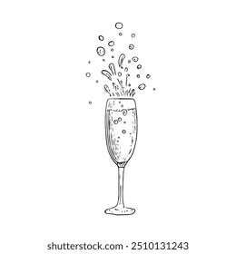 Champagne Glass with Splashes, Hand-Drawn Vector, Graphic Style, Cartoon Illustration, Black and White, Sketch Style, Isolated on White Background