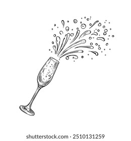 Vidro de champanhe com respingos, vetor desenhado à mão, estilo gráfico, ilustração de desenhos animados, preto e branco, estilo de esboço, isolado no fundo branco