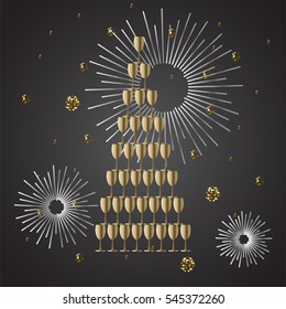 Champagne glass stack festive vector background. Gold wine stack with firework and confetti.