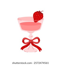 Champagne glass with strawberry. Cocktail glass on stem with coquette red bow decoration. Holiday beverage in goblet. Whimsical clipart. Flat graphic vector illustration isolated on white background