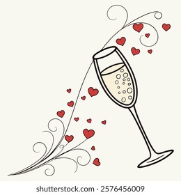 Champagne Glass with Swirling Hearts and Romantic Emphasis