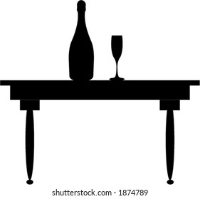 Champagne, glass and table silhouette - vector