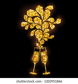 Champagne glass vector icon. Golden sparkle champagne glasses on black background