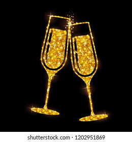 Champagne glass vector icon. Golden sparkle champagne glasses on black background