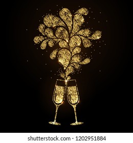Champagne glass vector icon. Golden sparkle champagne glasses on black background