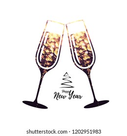 Champagne glass vector icon with golden sparkle background inside