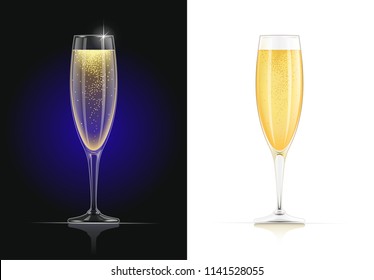 Champagne glass. Wines glassware in dark and white background. Drink list. Alcohol beverage. EPS10 vector illustration.