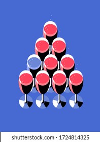 Champagne glasses arranged in the shape of a triangle or Christmas tree. Set of items, isolated, blue background. Vector illustration