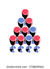 Champagne glasses arranged in the shape of a triangle. Set of items, isolated, white background. Vector illustration