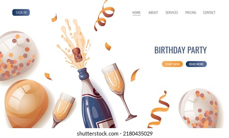 Champagner, Brille, Ballons, Serpentine. Geburtstagsfeier, Feiern, Feiertag, Event, Feste, Glückwunsch Konzept. Vektorgrafik. Website, Banner-Vorlage.