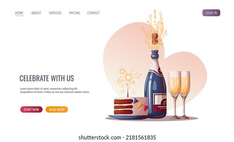 Champagne, glasses, Birthday cake with sparkler. Birthday party, celebration, holiday, event, festive, congratulations concept. Vector illustration. Website, banner template.