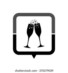 Champagne glasses - black vector icon; map pointer;  message bubble