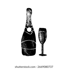 Copas de champán y botella de Ilustración vectorial dibujada a mano