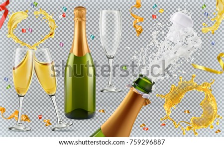 Champagne. Glasses, bottle, splash. 3d realistic vector icon set