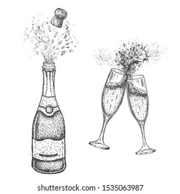 Champagne Glasses. Bottle Of Champagne. Vector Illustration Of Hand Drawing. 