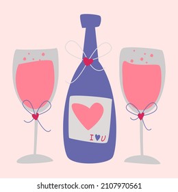 Champagne and glasses. A bottle of wine. Valentine card. Vector symbols of love. valentine's day. A series of postcards in boho style.