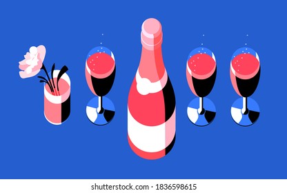 Champagne glasses and bottles, flower in glass, top view. Vector illustration
