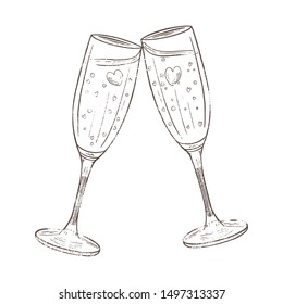 Champagne glasses bubbles hearts wedding cheers drawing illustration