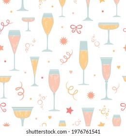 Champagne glasses, bubbles Prosecco, Cava Celebration, New Year, Wedding, Seamless Vector Pattern, Background.