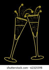 Champagne glasses and bubbles rendered in neon style