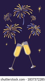 Champagne glasses cheers, Ney Year celebration party at night with fireworks, holiday, birthday, festival, party. Flat vector illustration, greeting card, invitation or stories template