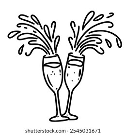 Champagne glasses clink Hand drawn New Years Eve Celebration party graphic illustration isolated on white background color editable 