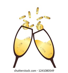 champagne glasses clinking for business talk with currencies in glasses (vector)
