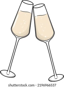 Champagne glasses clinking. Christmas cheers! Vector outline illustration of celebrating. Drink on party. 