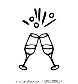 Champagne glasses clinking together. Doodle hand drawn vector illustration isolated on white background.