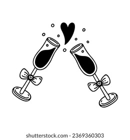 Champagne glasses clinking vector icon. Hand drawn doodle isolated on white. Cheers, elegant glasses decorated with bows. Toast, drink with bubbles. Symbol of date, wedding. Clipart for print, posters