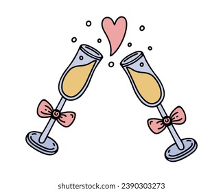 Gafas de champán pegando, icono vector. Saludos, tazas elegantes y luminosas decoradas con arcos rosas. Tostadas, bebe con burbujas. Símbolo de fecha, boda, amor. Doodle de dibujos animados planos aislados para el día de San Valentín