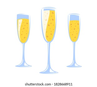 Champagne glasses collection isolated on white background. Christmas concept. Flat design. Cartoon style. Vector illustration