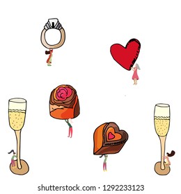 Champagne glasses, diamond ring, red heart and chocolates set for romantic celebration. Tiny women carrying romantic set.