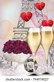 Champagne glasses and Eiffel Tower background. Vector realistic romantic cards