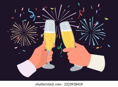 Champagne glasses and fireworks on a night background. Two hands holding champagne glasses. Colorful confetti and sparklers. Flat vector illustration.