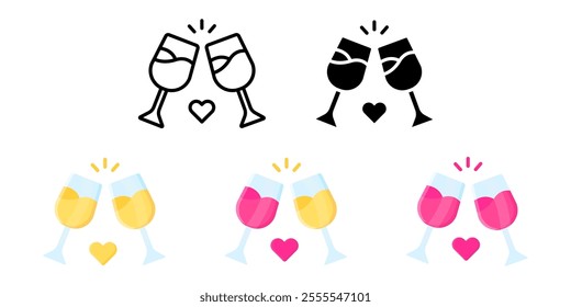 Champagne glasses flat icon. Celebration drink sign. Wedding alcohol symbol. Red wine pictogram. Christmas party illustration.