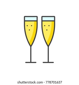 Champagne glasses flat line colored icon.