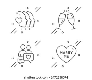 Champagne glasses, Friends couple and Dating chat line icons set. Marry me sign. Chin-chin, Friendship, People love. Wedding. Love set. Line champagne glasses outline icon. Vector