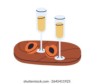 Champagne glasses and fruits served on wooden board. Romantic holiday dinner with alcohol drink in wineglasses, apricots. Festive champ beverage. Flat vector illustration isolated on white background