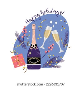 champagne and glasses with a gift and confetti. clip art congratulating happy holidays. letters and champagne in cartoon style. banner, template, greeting card. stock vector illustration. EPS 10.