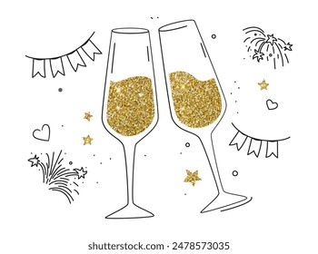 Champagne glasses with glitter. Doodle vector illustration for Wedding, Bridal Shower, Happy Birthday, New Year cards, Merry Christmas, anniversaries, parties