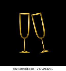 Champagne glasses, golden metallic thin 3d lines vector illustration collection.