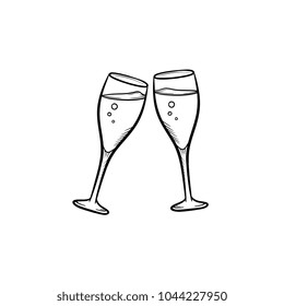 Champagne Glasses Hand Drawn Outline Doodle Icon. Two Clinking Wineglasses Vector Sketch Illustration For Print, Web, Mobile And Infographics Isolated On White Background.