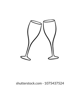 Champagne Glasses Hand Drawn Outline Doodle Icon. Two Clinking Wineglasses Vector Sketch Illustration For Print, Web, Mobile And Infographics Isolated On White Background.