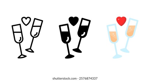 Champagne glasses with heart icon. Cheer toast sign. Wedding celebration pictogram. Valentines day drinks symbol. Relationship and marriage anniversary illustration.